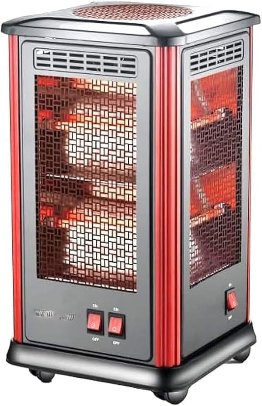 10 Bar 5-Sided Infrared Space Heater, Electric, Portable with Wheels, Mesh Guard, Red and Black
