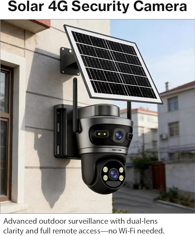 Solar-Powered 4G PTZ Security Camera, 6MP Dual-Lens, Outdoor, IP66, Full-Color Night Vision, Two-Way Audio, 355° Pan, 10000mAh Battery