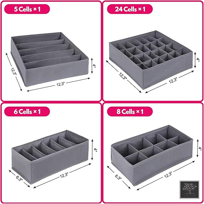 Sulfar 4pcs Drawer Organizer, Wardrobe Clothes Storage Organizer Box, Underwear Bra Organiser Closet Drawer Divider for Skirts Socks Bras Panties & Scarf (Grey)