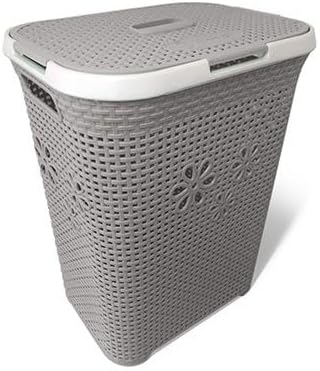 Decorative Rattan Laundry Hamper, Large 65L Capacity, Contemporary Woven Design with Floral Pattern, Grey with White Lid, Removable Liner, 60x40x45cm