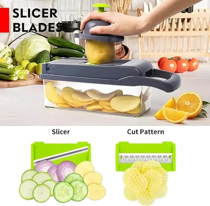 Elmorinuo Vegetable Chopper, Multifunctional 14 in 1 Pro Food Chopper, Onion Chopper, Kitchen Vegetable Slicer Dicer Cutter, Cheese Grater, Carrot and Garlic Chopper With Container, Stainless Steel. (Gray)