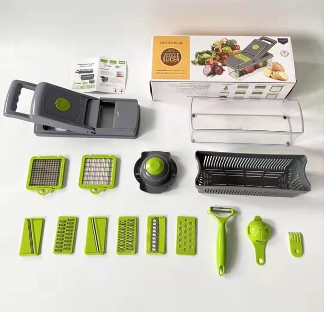 Elmorinuo Vegetable Chopper, Multifunctional 14 in 1 Pro Food Chopper, Onion Chopper, Kitchen Vegetable Slicer Dicer Cutter, Cheese Grater, Carrot and Garlic Chopper With Container, Stainless Steel. (Gray)