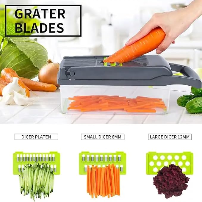 Elmorinuo Vegetable Chopper, Multifunctional 14 in 1 Pro Food Chopper, Onion Chopper, Kitchen Vegetable Slicer Dicer Cutter, Cheese Grater, Carrot and Garlic Chopper With Container, Stainless Steel. (Gray)