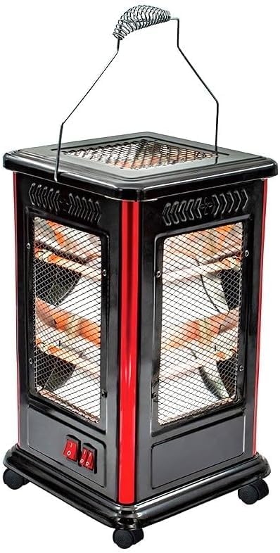 10 Bar 5-Sided Infrared Space Heater, Electric, Portable with Wheels, Mesh Guard, Red and Black