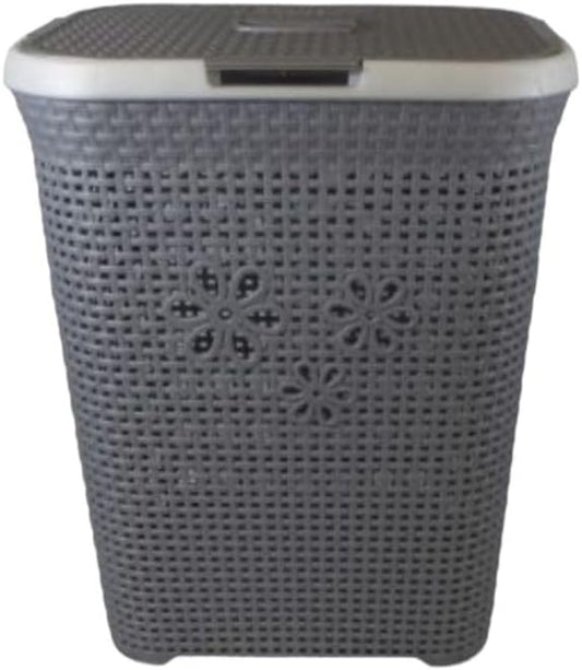 Decorative Rattan Laundry Hamper, Large 65L Capacity, Contemporary Woven Design with Floral Pattern, Grey with White Lid, Removable Liner, 60x40x45cm