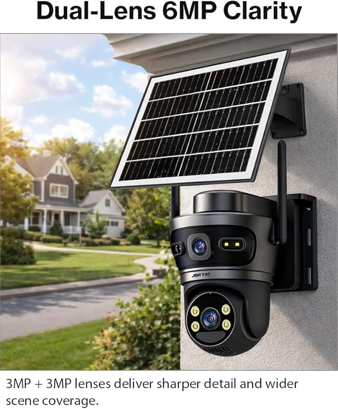 Solar-Powered 4G PTZ Security Camera, 6MP Dual-Lens, Outdoor, IP66, Full-Color Night Vision, Two-Way Audio, 355° Pan, 10000mAh Battery