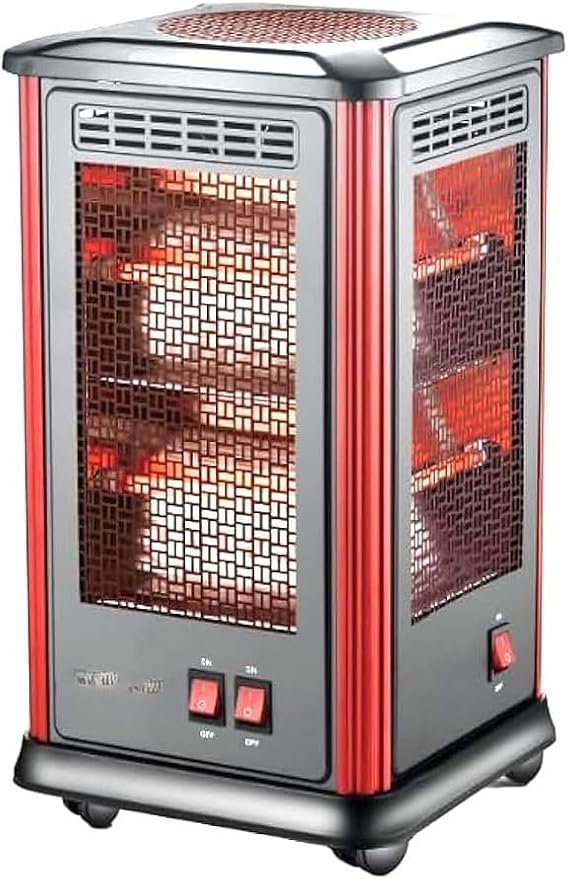10 Bar 5-Sided Infrared Space Heater, Electric, Portable with Wheels, Mesh Guard, Red and Black