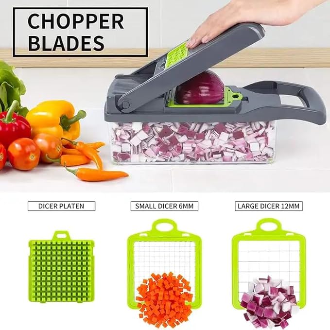 Elmorinuo Vegetable Chopper, Multifunctional 14 in 1 Pro Food Chopper, Onion Chopper, Kitchen Vegetable Slicer Dicer Cutter, Cheese Grater, Carrot and Garlic Chopper With Container, Stainless Steel. (Gray)