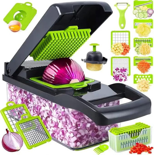 Elmorinuo Vegetable Chopper, Multifunctional 14 in 1 Pro Food Chopper, Onion Chopper, Kitchen Vegetable Slicer Dicer Cutter, Cheese Grater, Carrot and Garlic Chopper With Container, Stainless Steel. (Gray)