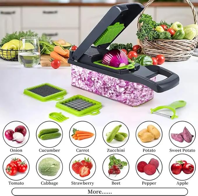 Elmorinuo Vegetable Chopper, Multifunctional 14 in 1 Pro Food Chopper, Onion Chopper, Kitchen Vegetable Slicer Dicer Cutter, Cheese Grater, Carrot and Garlic Chopper With Container, Stainless Steel. (Gray)