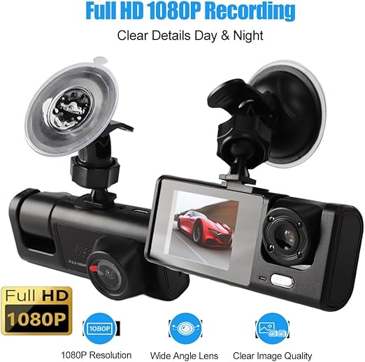 Dash Cam Front and Rear Inside, 1080P FHD Three Channels Dash Camera for Cars, WDR, G Sensor, Loop Recording, Parking Monitor, 24 Hours Recording