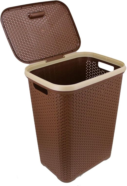 Rattan Style Laundry Hamper, Brown Plastic Basket with Lid, Decorative Weave Pattern, Clothes Storage Container