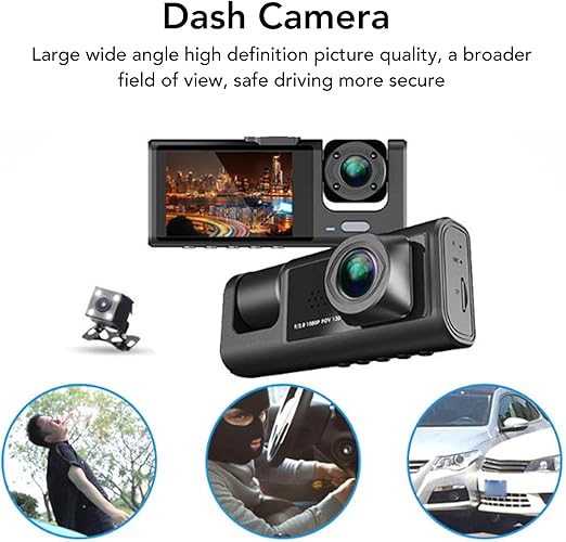 Dash Cam Front and Rear Inside, 1080P FHD Three Channels Dash Camera for Cars, WDR, G Sensor, Loop Recording, Parking Monitor, 24 Hours Recording