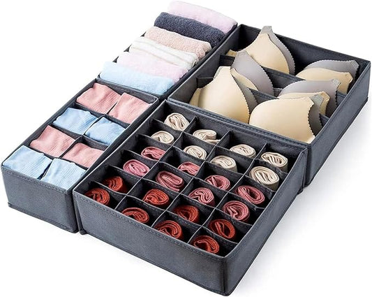 Sulfar 4pcs Drawer Organizer, Wardrobe Clothes Storage Organizer Box, Underwear Bra Organiser Closet Drawer Divider for Skirts Socks Bras Panties & Scarf (Grey)