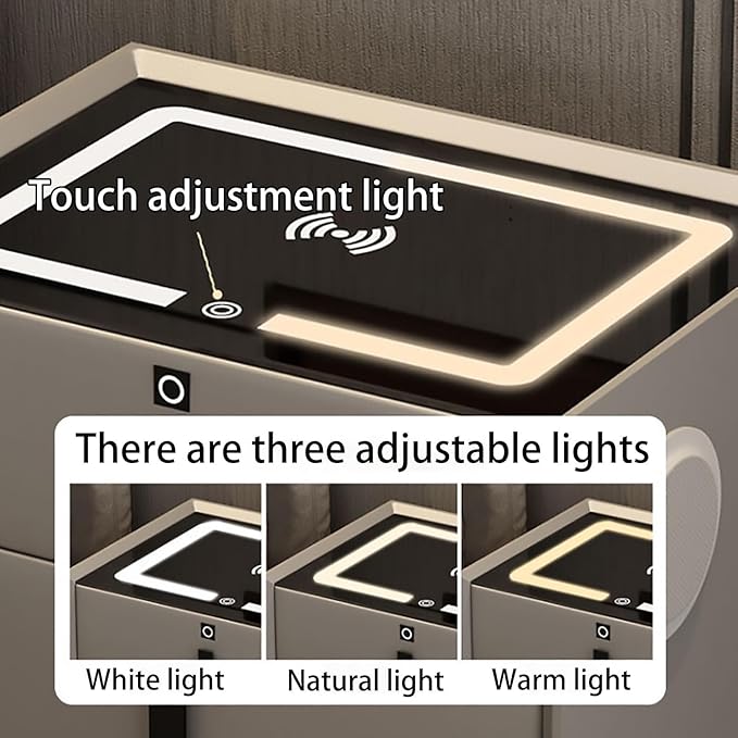 Intelligent Nightstand, Bluetooth Speaker Side Table,Multifunction Audio Cabinet,Nightstands Wireless Charging Station/2 USB Port LED Lights(GREY,3drawers)