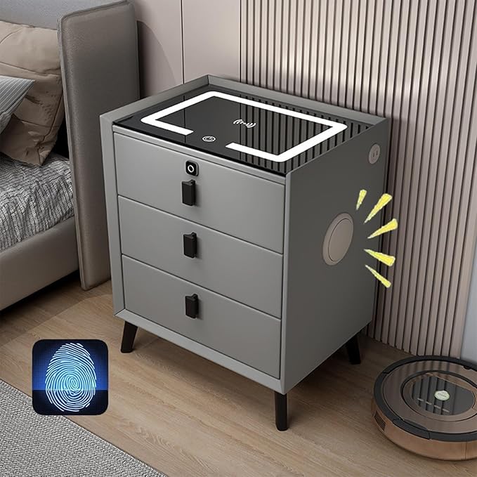 Intelligent Nightstand, Bluetooth Speaker Side Table,Multifunction Audio Cabinet,Nightstands Wireless Charging Station/2 USB Port LED Lights(GREY,3drawers)