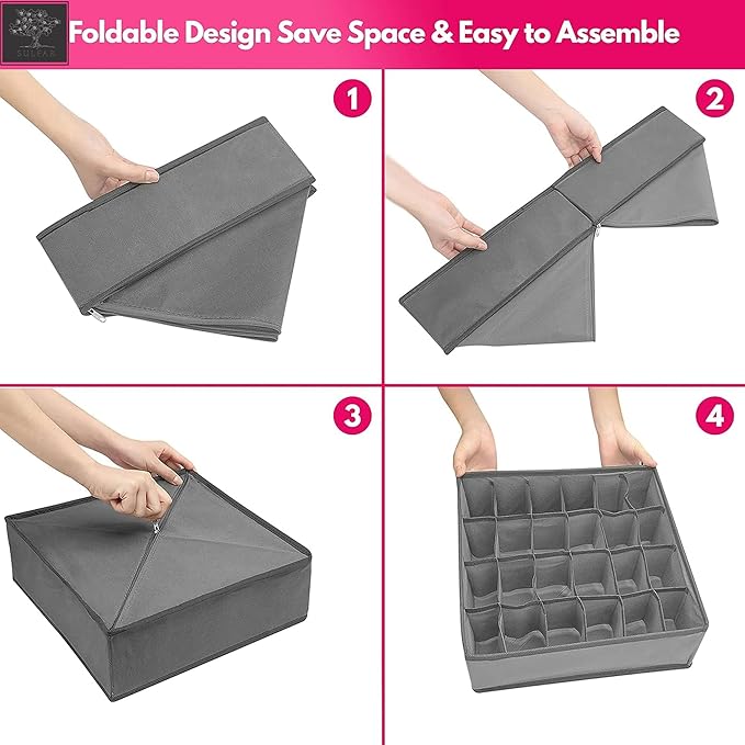 Sulfar 4pcs Drawer Organizer, Wardrobe Clothes Storage Organizer Box, Underwear Bra Organiser Closet Drawer Divider for Skirts Socks Bras Panties & Scarf (Grey)