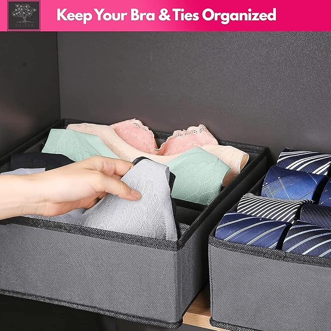 Sulfar 4pcs Drawer Organizer, Wardrobe Clothes Storage Organizer Box, Underwear Bra Organiser Closet Drawer Divider for Skirts Socks Bras Panties & Scarf (Grey)
