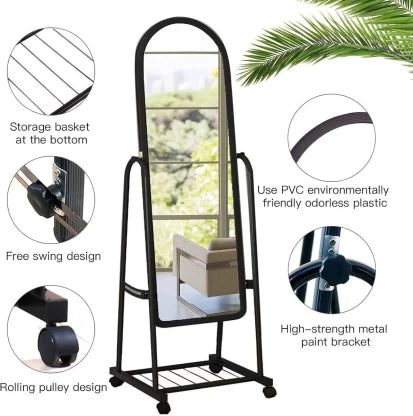 Elmorinuo Adjustable Stand Up Mirror on Wheels with Underneath Storage Decorative Mirror  (Designer)